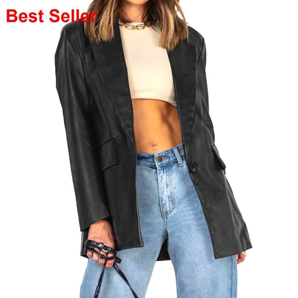 Oversized Faux Leather Blazer Shacket with Lapel and Pockets